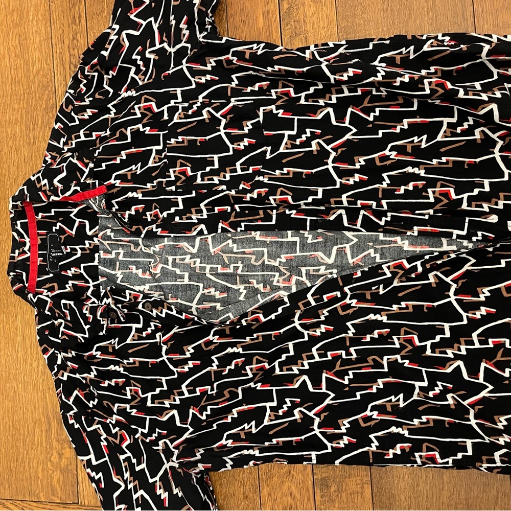 Men's Black Graphic Button-Up Shirt with White & Red Pattern